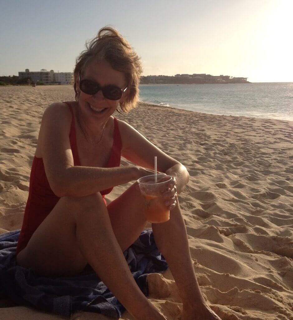 48 years together: photograph of Celia on the beach in Anguilla in 2012