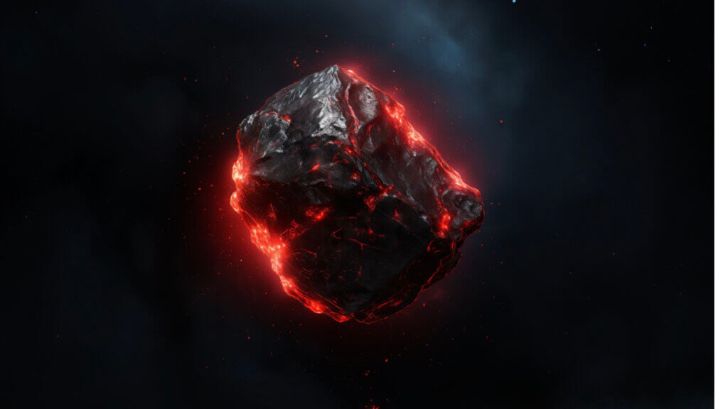 my contract: image of a large black rock floating in space that is glowing and streaked with veins of fire