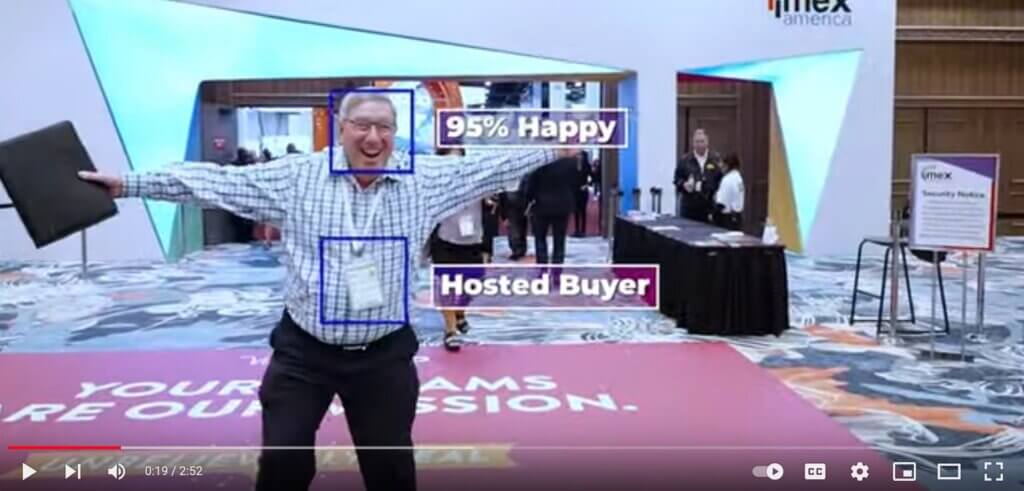 January 2023 screenshot from Zenus YouTube video "Zenus AI: Ethical facial analysis at IMEX" https://www.youtube.com/watch?v=iU2MPjacpjI showing an attendee's sentiment analysis and badge information