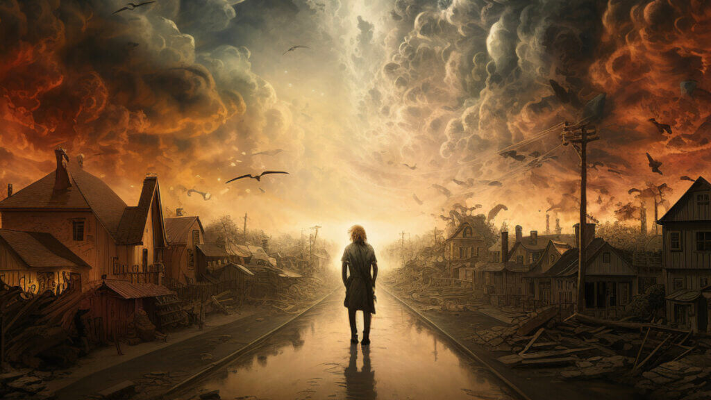 problems, effects, and causes. An illustration from the back of a person standing alone in a street that stretches away to the horizon. They are facing an inferno in front of them and surrounded by devastated buildings