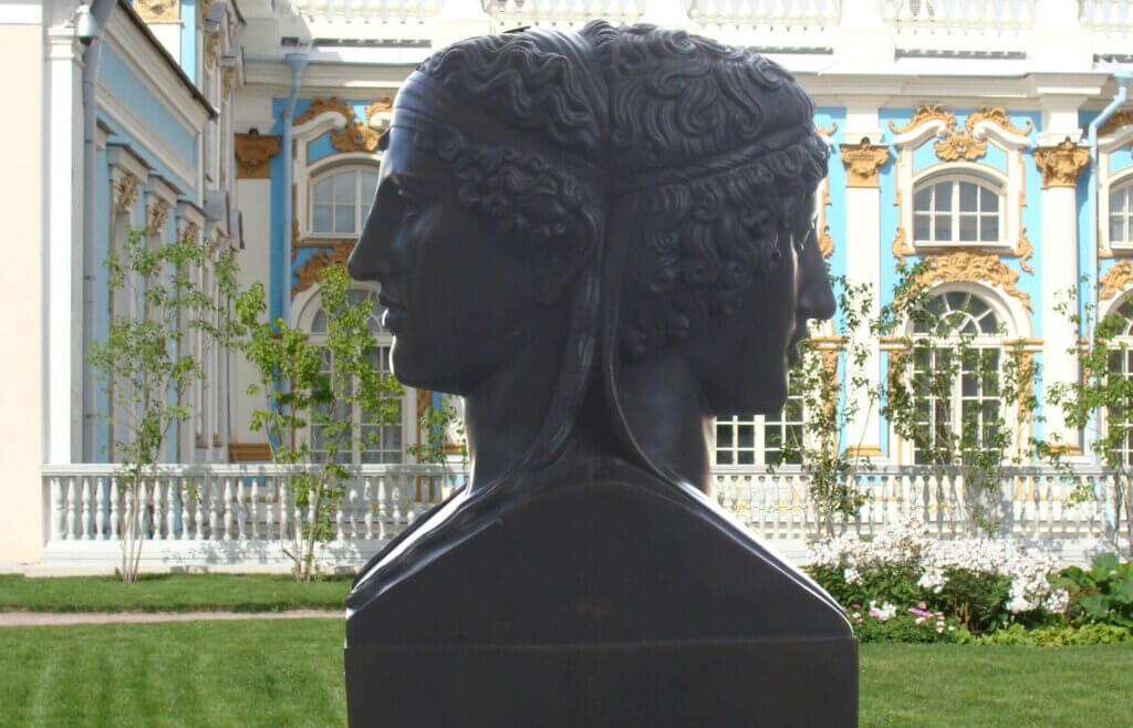 An image of the essences of spectives: the bust of Two-faced Janus (Ianus Bifrons) at the Cameron's Gallery in Tsarskoye Selo 18th century.