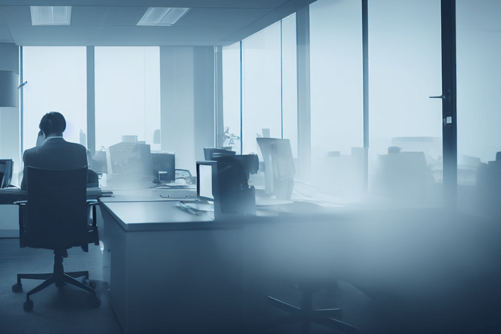 A somber image of a consultant sitting in an industrial office with windows looking out onto a blurry city view