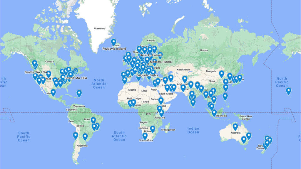 World map of major geographic locations of some of the tens of thousands of peer conferences