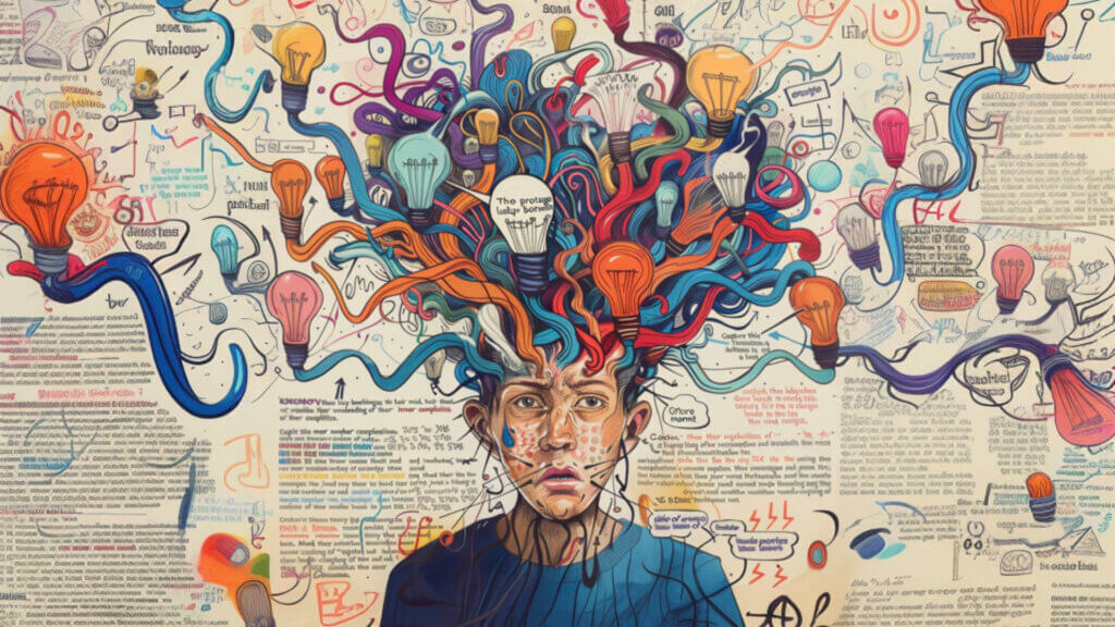 An illustration depicting a confused person who is thinking and feeling with a nest of colored "lightbulb" thoughts and feelings snaking out of their head. They are surrounded by multi-colored text and images, emphasizing their confusion.