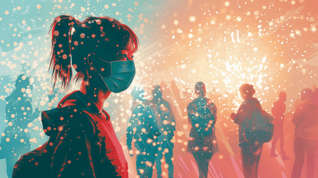 A woman wearing a mask surrounded by unmasked people breathing out infectious air and at risk for viral contagion