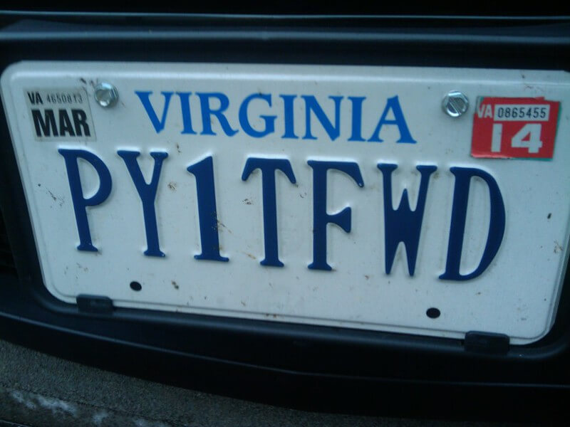 Paying it forward: photograph of a Virginia license plate "PY1TFWD"
