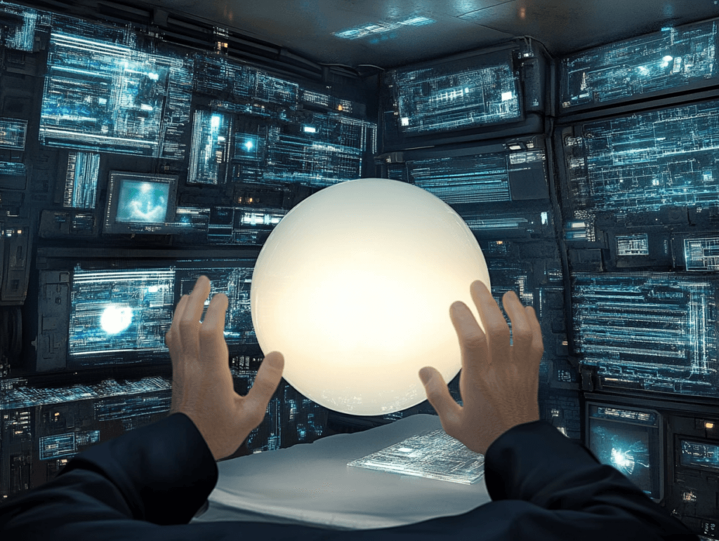 Can we predict the future: A glowing crystal ball floating in the air with two hands reaching towards it, surrounded by glowing screens full of information