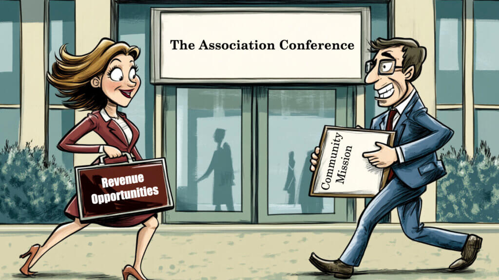 A cartoon of two people in business suits walking towards each other in front of a conference venue displaying a banner "The Association Conference". The woman on the left is smiling and carrying a briefcase labeled "Revenue Opportunities". The man on the right is nervously clutching a folder labeled "Community Mission".