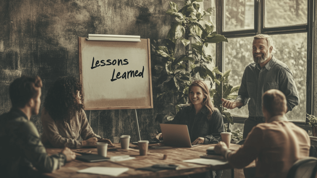 Mistakes associations make: A diverse group of professionals in business casual attire, gathered in an office space with large windows and natural light. They are engaged in a lively discussion, with expressive gestures and smiling faces. One person stands next to a sign that reads "Lessons Learned" in bold, black letters on a whiteboard. Coffee cups, laptops, and notebooks are scattered on the table.