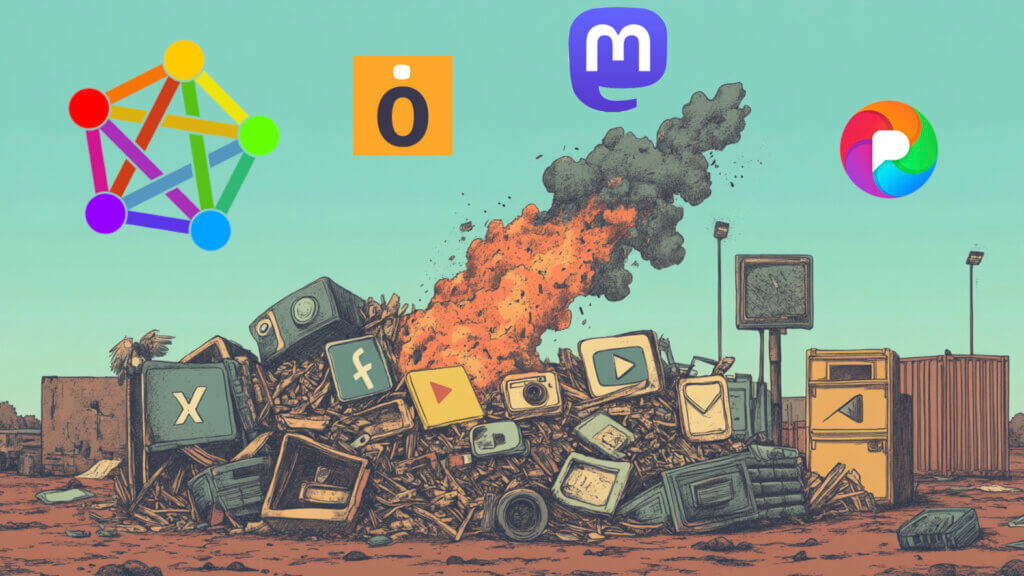 Authentic connection: A bonfire of the icons of major social media platforms—Facebook, X, TikTok, etc. In the clear blue sky above hover icons for the Fediverse and social media platforms Mobilizon, Mastodon, and Pixelfed.