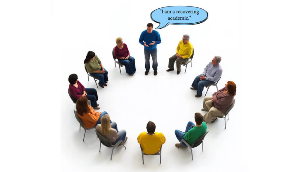 A group of people sitting in a circle of chairs facing inwards. One man is standing, saying "I am a recovering academic."