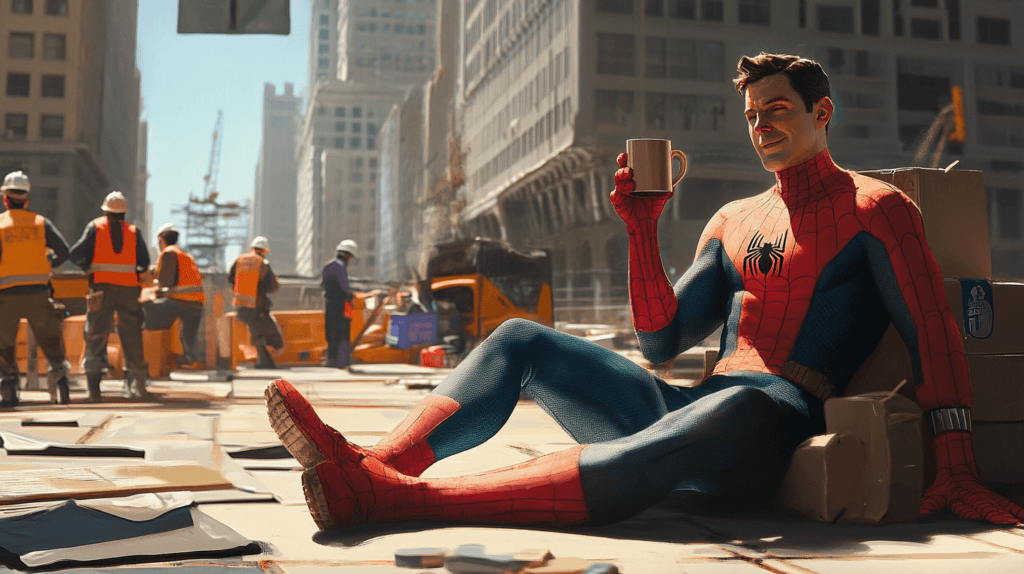 Who are the heroes? A superhero lounges with a cup of coffee, while construction workers work on a building in the background. 