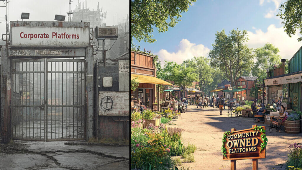 alternative platforms: An illustration dramatizing the difference between corporate and community owned platforms. On the left, an image of a decaying urban scene with the sign "Corporate Platforms" above a rusty locked gate. On the right, an image of an attractive small town open street with small shops and cafes, groups of people talking and walking around, trees and plants, and a sign that says "Community Owned Platforms"