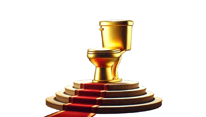 Illustration of a golden toilet at the top of a circular tier of steps, perfect for assholes to perch on.