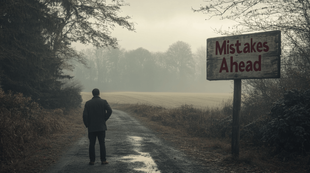 A person standing on a rural path, looking uncertain and contemplative. The path has a large wooden sign reading "Mistakes Ahead" in bold, red letters. The path fades into a misty forest and an open sunny field. The sky is overcast, with a break of sunlight in the distance. The person is dressed professionally, with hands on hips, conveying indecision.
