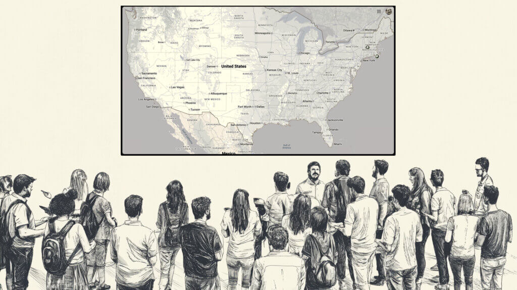 An illustration of a human spectrogram map, with many people standing in small groups talking to and facing each other in a large room. A map of the United States is projected on the wall above them.