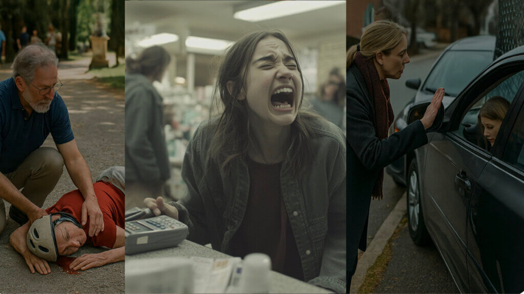 Three images of strangers in crisis. On the left, an elderly man in a park kneels next to an elderly woman bicyclist with a bloody head who is lying on the ground. In the middle, a crying young woman has smashed a credit card terminal on a pharmacy counter. And on the right, a woman standing next to a car tries to get the attention of an unresponsive woman inside the car. 