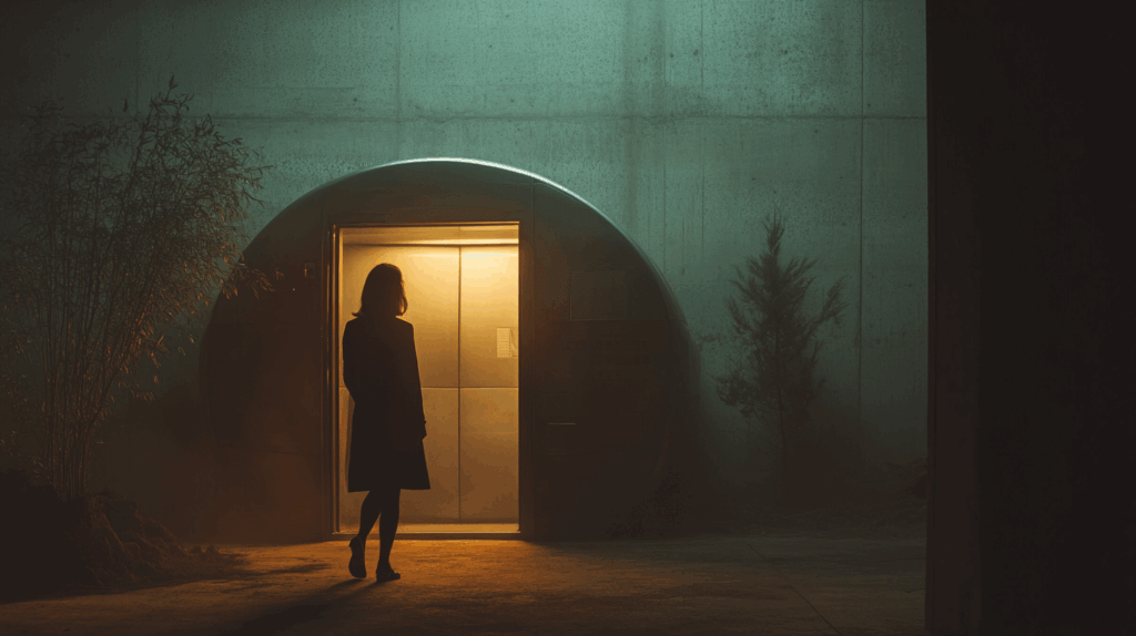 A woman about to enter a glowing teleportation pod.